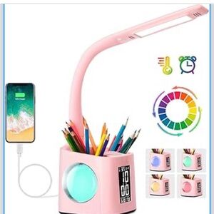 LED Desk Lamp with Clock,Color Changing Nightlight,Study Lamp with Pen Holder